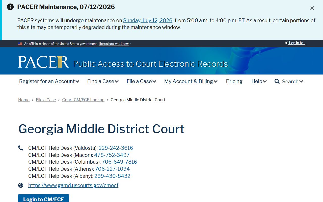Cook County court dockets PACER CM ECF lookup for Georgia Middle District